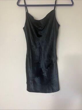 Satin Slip Dress with Cowl Neck - Black